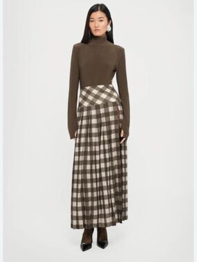 Norma Kamali XS pleated long skirt slit bark box plaid  print